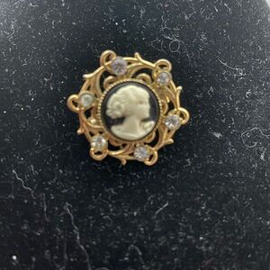 VTG Cameo Brooch, Black Background, Gold Tone, Rhinestone Accents
